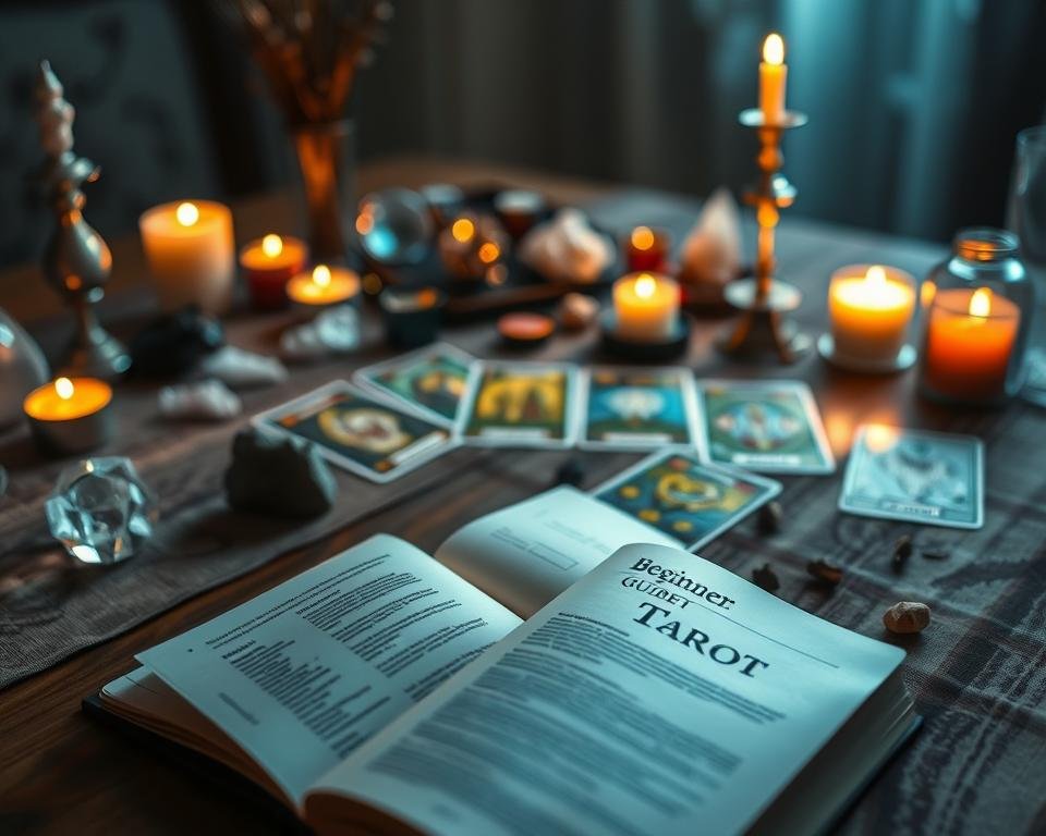 A cozy, well-lit table with a selection of tarot cards spread out, surrounded by crystals, candles, and other mystical accoutrements. The cards are illuminated by a warm, diffused light, casting a soft, ethereal glow. In the foreground, a beginner's tarot guide book lies open, its pages inviting the viewer to explore the arcane wisdom within. The background is blurred, suggesting a serene, contemplative atmosphere, perfect for a novice's first tarot reading. The overall scene conveys a sense of introspection, discovery, and the allure of the occult.