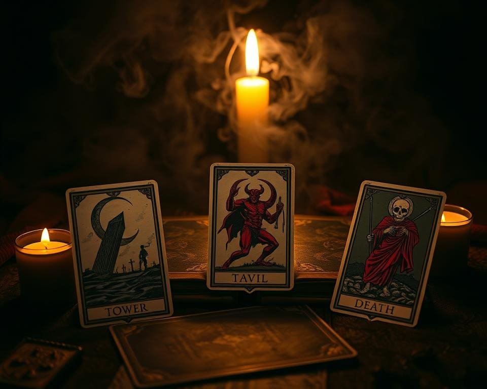 A dark and ominous tarot card spread, illuminated by flickering candlelight, casting dramatic shadows. In the foreground, three challenging cards - the Tower, the Devil, and the Death card - stand out in vivid detail, their imagery and symbolism conveying a sense of upheaval, temptation, and profound transformation. The middle ground features a worn, leather-bound tarot deck, its pages weathered by time and use. In the background, a hazy, mysterious atmosphere sets the stage, with swirling mists and a sense of the occult. The overall composition evokes a palpable tension, reflecting the complexity and weight of interpreting challenging tarot cards in matters of the heart.