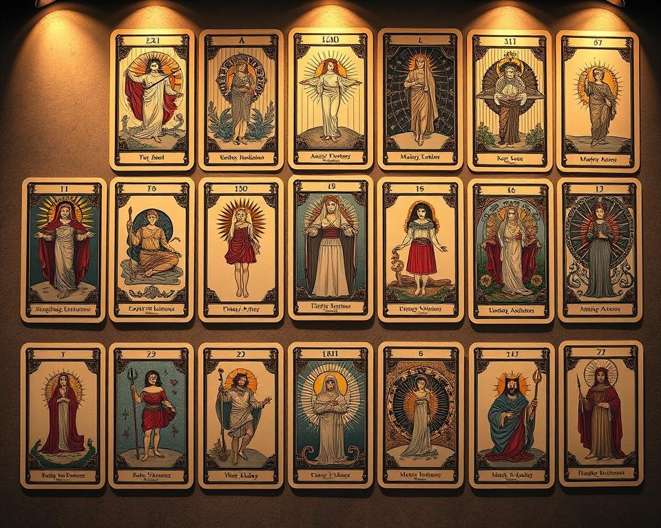 A detailed and visually striking set of Major Arcana tarot cards, rendered in a classic, traditional style. The cards are arranged neatly in a grid, with each card taking up the center of its own square. The cards are illuminated by warm, soft lighting from above, casting gentle shadows and highlighting the intricate details of the artwork. The background is a serene, muted color that complements the vintage aesthetic of the cards. The overall composition conveys a sense of mysticism, wisdom, and the timeless nature of these powerful symbols.