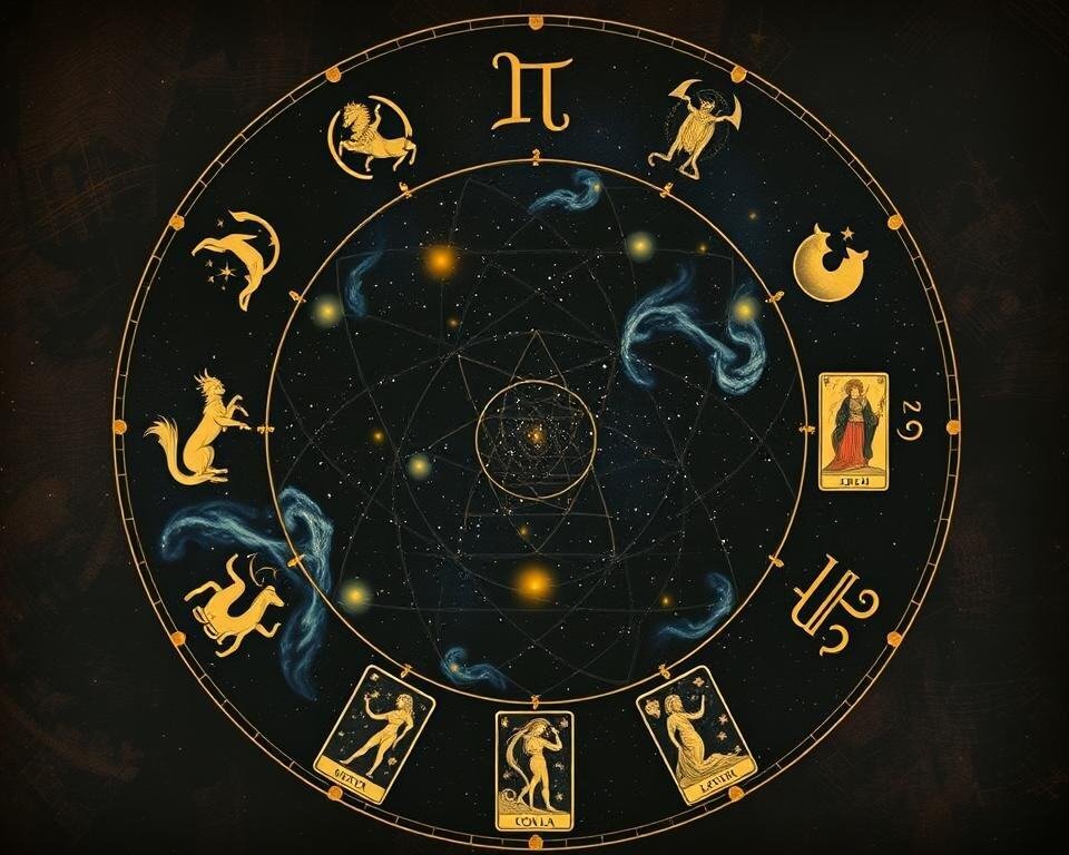 Moon and zodiac signs astrology chart with celestial symbols and tarot card, mystical astrology reading theme.