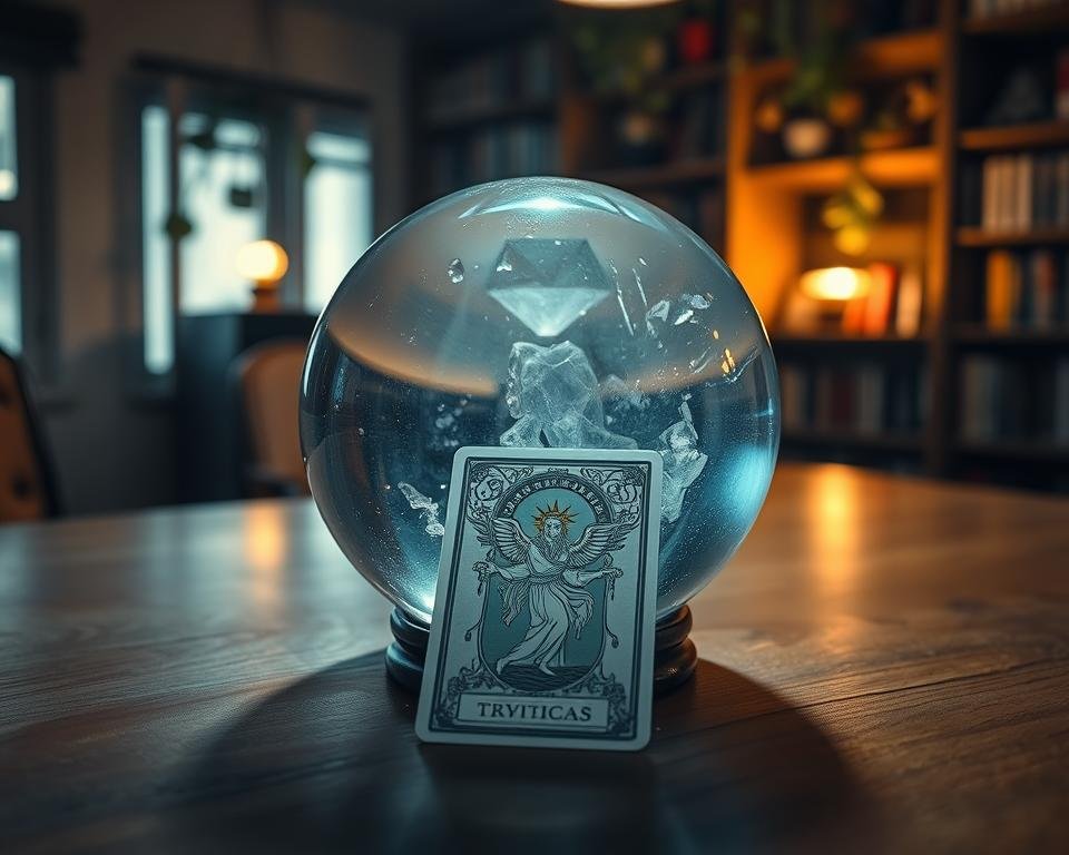 A detailed crystal ball resting on a wooden table, with a tarot card placed in front of it. The card's intricate design and symbolism are clearly visible, casting a mystical glow. In the background, a dimly lit room with bookshelves and hanging plants, creating an atmosphere of contemplation and intuition. Soft, warm lighting illuminates the scene, highlighting the card's colors and the crystal ball's translucent surface. The overall composition evokes a sense of introspection and the exploration of one's inner wisdom through the gateway of a single tarot card reading.