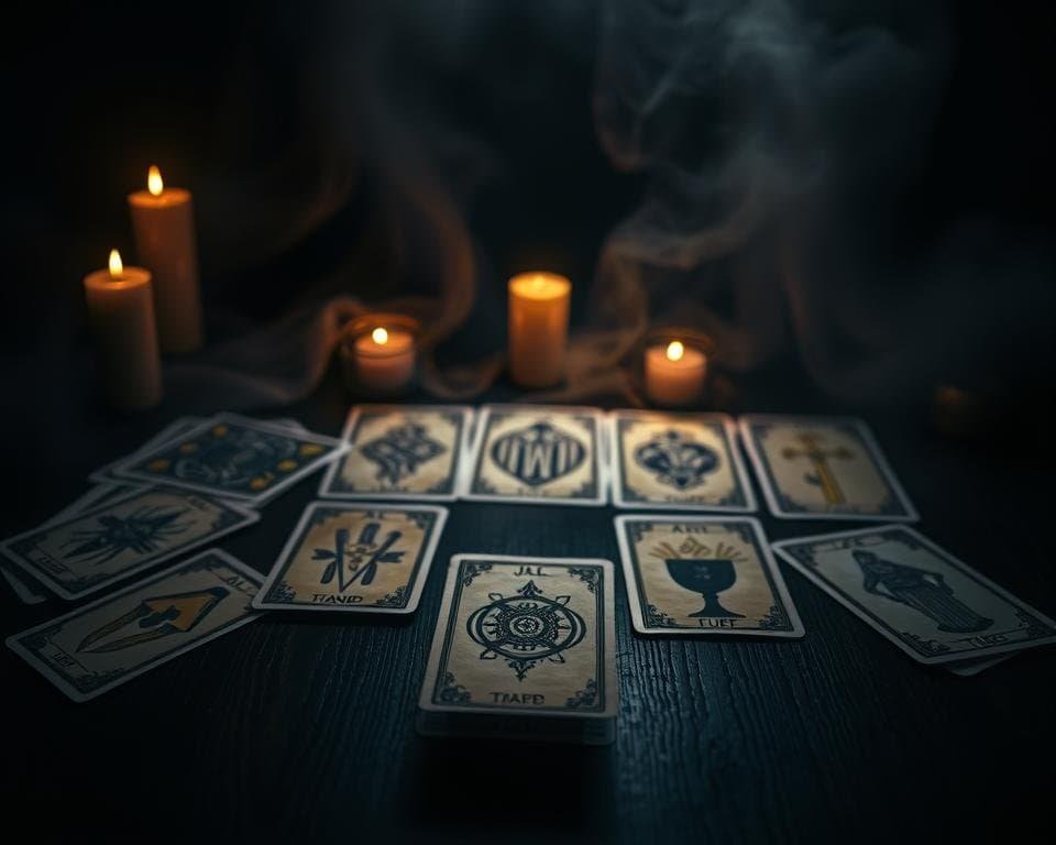 A dimly lit tarot card reading table, with an elegant spread of cards laid out in an essential career-focused layout. The cards are illuminated by soft, warm lighting, casting subtle shadows across the intricate imagery and symbols. In the foreground, a single tarot card stands prominently, its arcane design hinting at insights for the seeker's professional path. The middle ground features a variety of tarot suits - wands, cups, swords, and pentacles - each representing different aspects of a fulfilling career. The background is shrouded in a mystical, ethereal atmosphere, evoking a sense of guidance and wisdom from the ancient art of tarot divination. A dimly lit tarot card reading table, with an elegant spread of cards laid out in an essential career-focused layout. The cards are illuminated by soft, warm lighting, casting subtle shadows across the intricate imagery and symbols. In the foreground, a single tarot card stands prominently, its arcane design hinting at insights for the seeker's professional path. The middle ground features a variety of tarot suits - wands, cups, swords, and pentacles - each representing different aspects of a fulfilling career. The background is shrouded in a mystical, ethereal atmosphere, evoking a sense of guidance and wisdom from the ancient art of tarot divination.