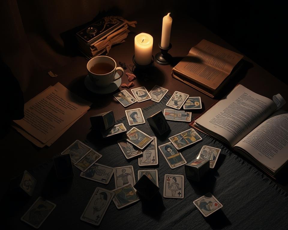 A dimly lit tarot reading table, with a scattering of overturned cards, symbolic of common mistakes in interpreting spreads. The table is cluttered with crumpled notes, a spilled cup of tea, and a worn tarot guidebook. Shadows cast by flickering candlelight create a sense of unease, as the viewer is drawn into the scene, contemplating the pitfalls of misreading the cards. The color palette is subdued, with muted tones of brown, gray, and navy blue, evoking a pensive, introspective mood. The composition is asymmetrical, creating a sense of imbalance and uncertainty, mirroring the theme of the image.