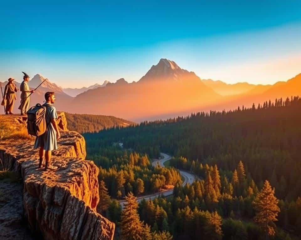 Climbers on mountain cliff enjoying sunrise view with scenic landscape and forest below.