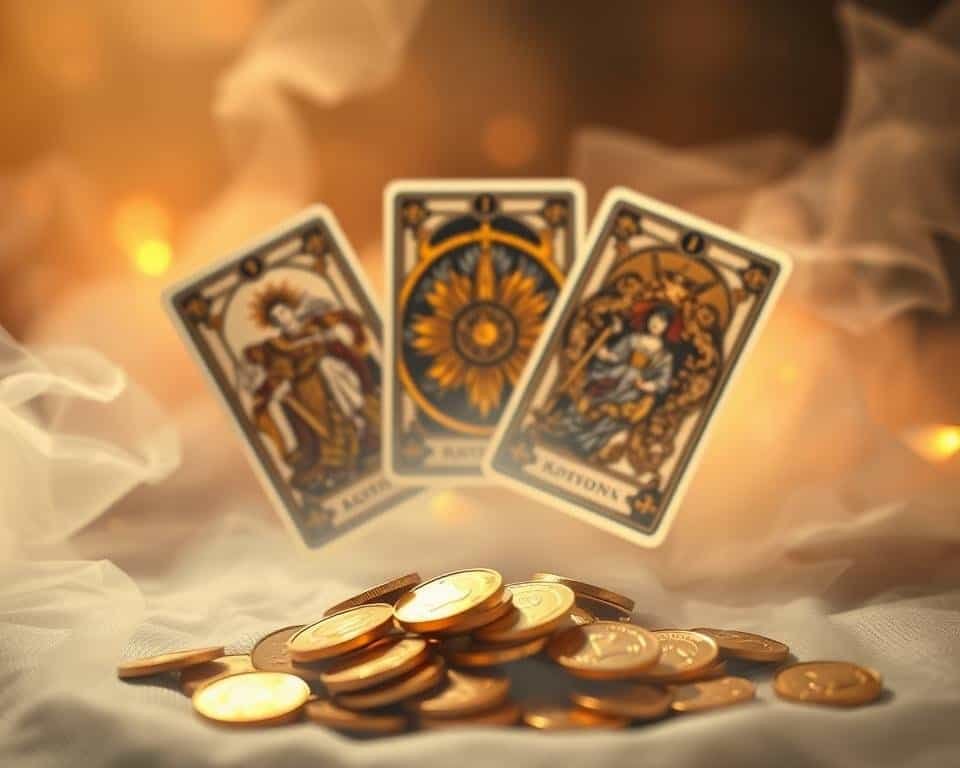 Golden coins with tarot cards floating above, symbolizing fortune-telling and financial luck.