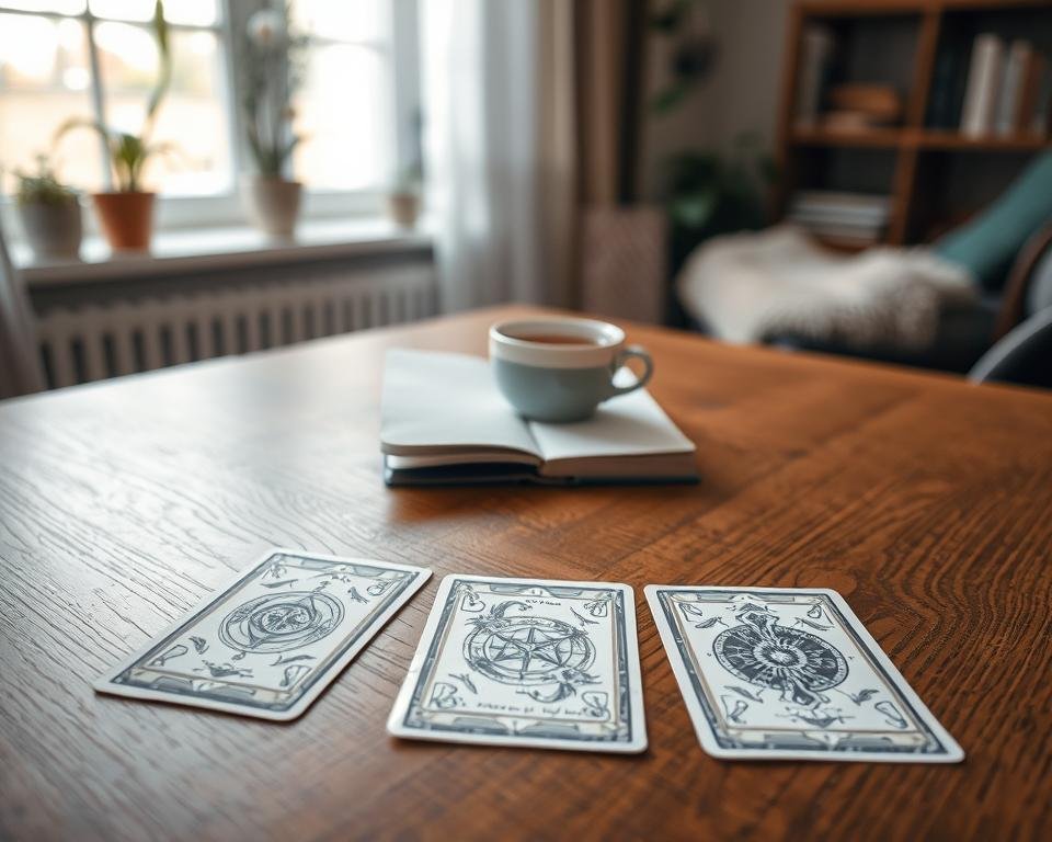 A neatly arranged tarot card spread on a wooden table, illuminated by soft natural light filtering through a window. In the foreground, three tarot cards lie face-up, their intricate symbols and imagery inviting contemplation. The middle ground features a small journal and a cup of tea, suggesting a ritual of daily reflection and guidance. The background showcases a cozy, minimalist interior, with subtle hints of plants and a bookshelf, creating a serene and introspective atmosphere. The overall composition conveys a sense of thoughtful introspection and personal growth through the practice of daily tarot card readings.
