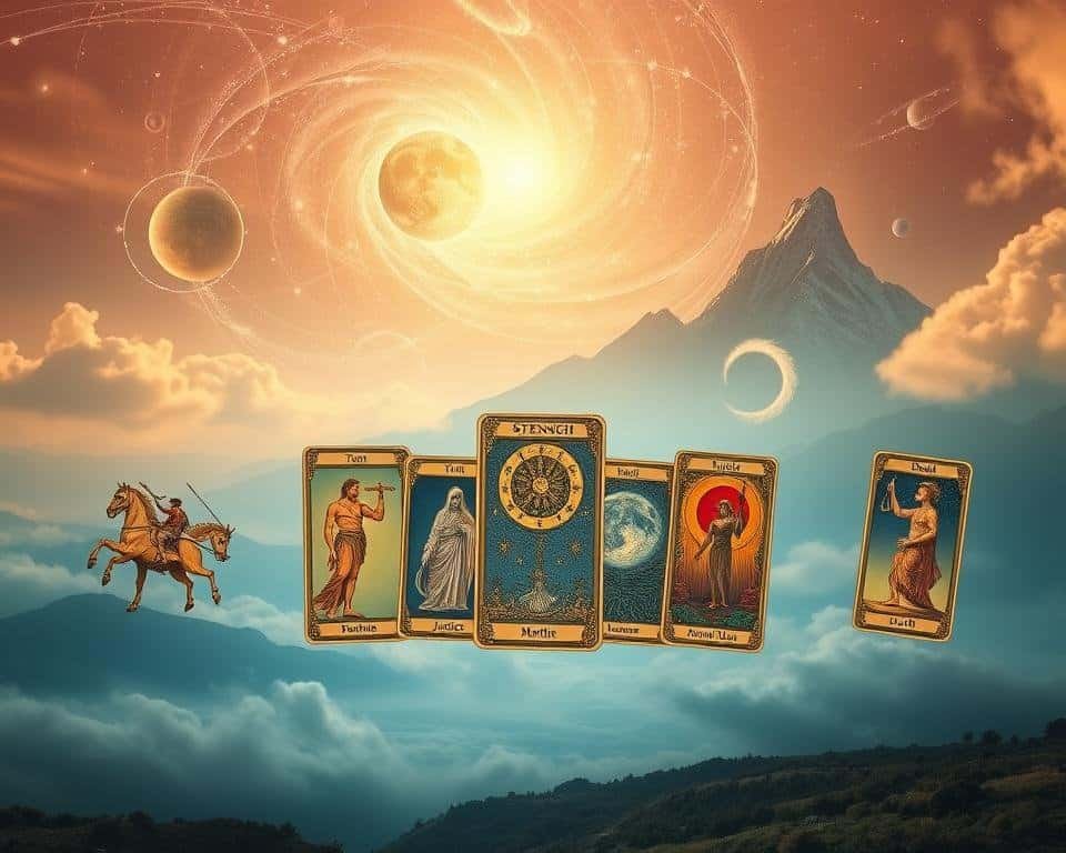 A serene and mystical landscape unfolds, the air filled with a sense of profound insight. In the foreground, a collection of the seven Major Arcana cards - The Chariot, Strength, The Hermit, Wheel of Fortune, Justice, The Hanged Man, and Death - float in a tranquil, ethereal space, their symbolic imagery gleaming with intricate detail. The middle ground reveals a vast, celestial expanse, where celestial bodies and swirling energies converge, hinting at the deep cosmic connections within the Tarot. In the background, a towering mountain range rises, its peaks touching the heavens, suggesting the profound, transformative potential of this second septenary of the Major Arcana. Soft, warm lighting casts a contemplative glow, while a sense of timelessness and mystery pervades the scene, inviting the viewer to ponder the profound insights contained within these seven powerful archetypes.