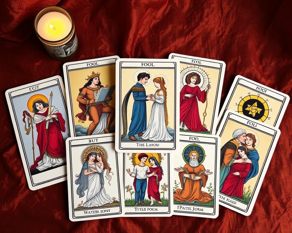 A stunning arrangement of the Major Arcana tarot cards, showcasing their significance in love readings. The cards are displayed against a rich, textured background, with soft, warm lighting illuminating their intricate designs. The Fool, the Lovers, the Magician, and other archetypal figures are captured in exquisite detail, their symbolic meanings evident in their imagery. The composition invites the viewer to explore the depths of these profound and timeless symbols, their power to reveal the mysteries of romantic relationships. A sense of mysticism and wonder pervades the scene, reflecting the transformative potential of the Major Arcana in understanding and navigating the complexities of love.