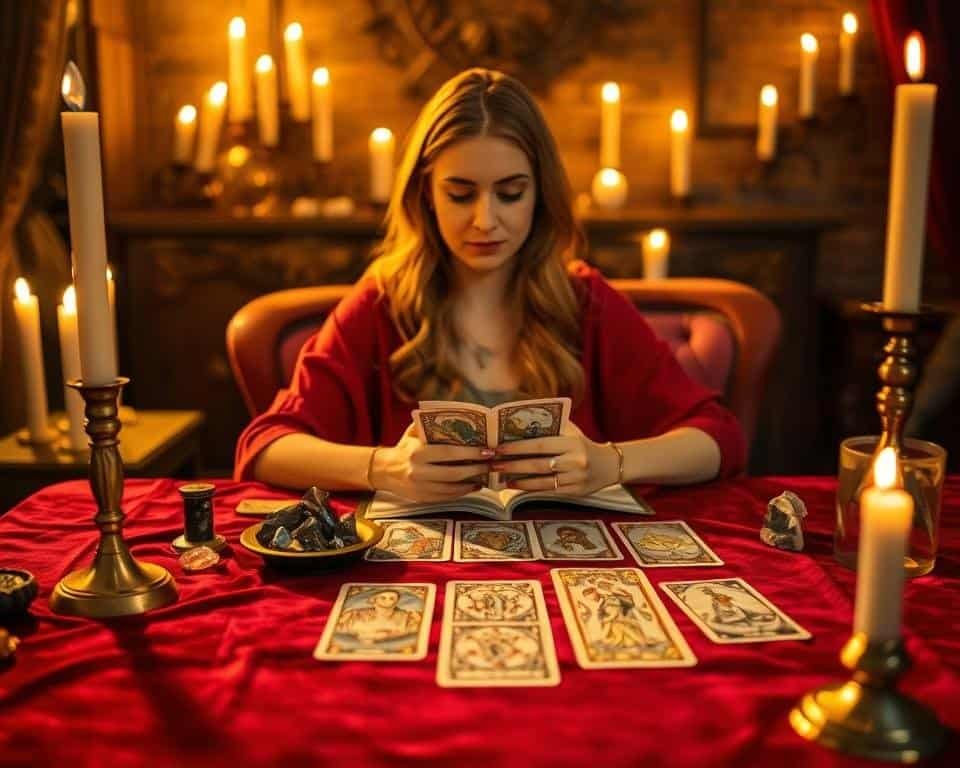 A tarot card reader's table, bathed in warm, golden light, sits in the foreground. Plush, burgundy velvet tablecloth adorns the surface, adorned with an array of tarot cards, crystals, and a brass candlestick. In the middle ground, a serene yet focused expression on the reader's face as they interpret the cards, their hands poised with mystical grace. The background is a cozy, dimly lit room, filled with the gentle flicker of candles, casting soft, ambient illumination and a sense of introspective contemplation. The overall atmosphere is one of tranquility, wisdom, and the power of financial divination.