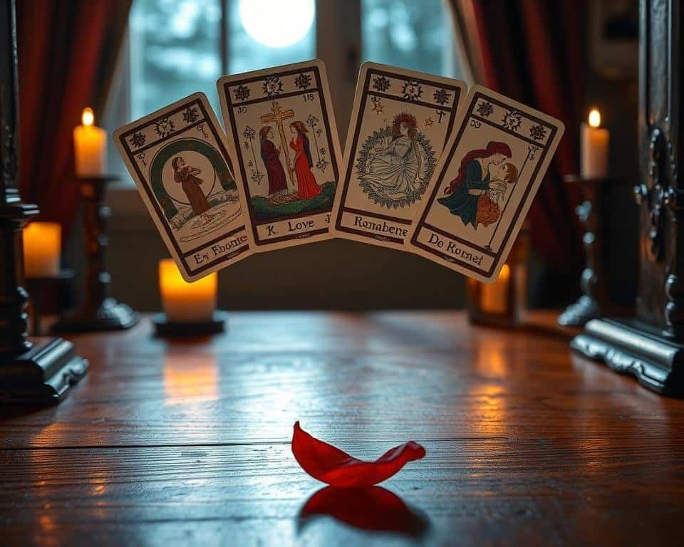 A tarot card spread floating above a mahogany table, illuminated by soft candlelight and moonlight streaming through a window. The cards feature detailed illustrations of romantic symbols and celestial motifs, casting a mystical glow. In the foreground, a single rose petal drifts downward, symbolizing the ebb and flow of love. The composition is framed by a vintage, ornate wooden tarot card holder, evoking a sense of timelessness. The overall mood is serene, introspective, and rife with the promise of new romantic possibilities.