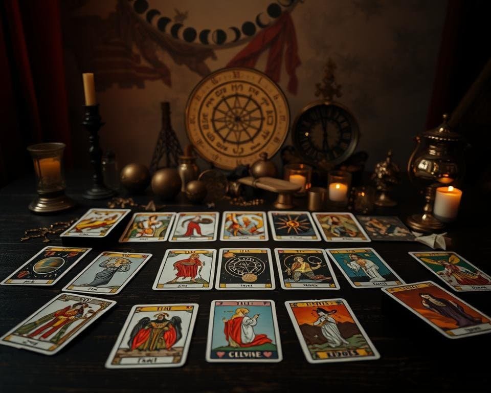 Tarot card reading setup with traditional Tarot cards and mystical symbols for divination and insight.