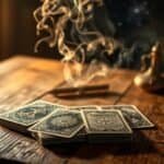 Tarot cards spread on rustic wooden table with smoke and vintage teapot, mystical tarot reading session, spiritual guidance, belief in divination, tarotreadinghub.com.