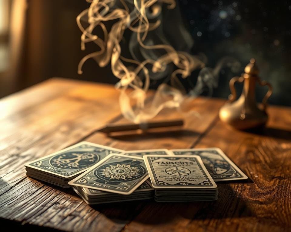 Tarot cards spread on rustic wooden table with smoke and vintage teapot, mystical tarot reading session, spiritual guidance, belief in divination, tarotreadinghub.com.