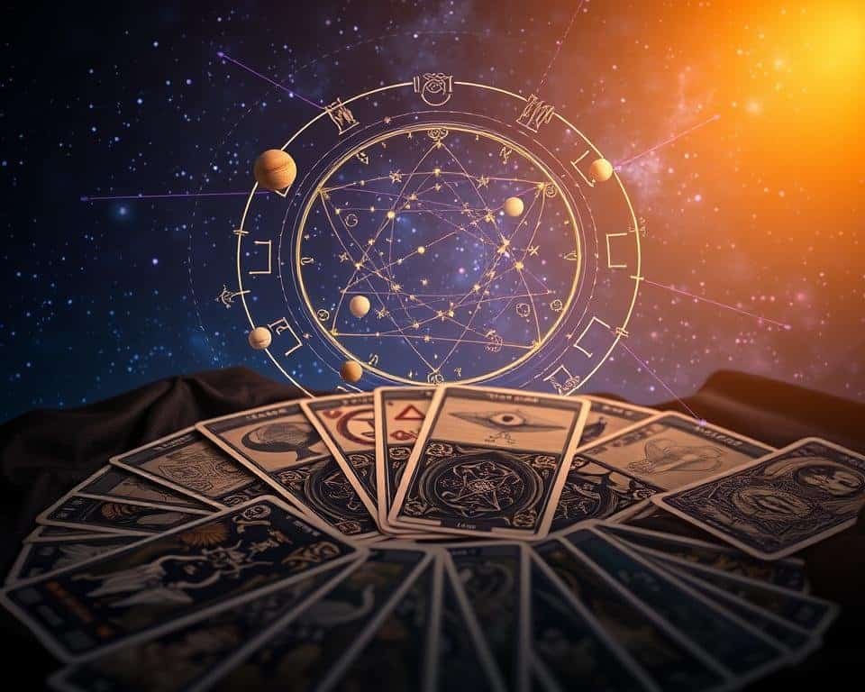 Colorful astrology chart with tarot cards and planetary model, mystical spiritual reading concepts.