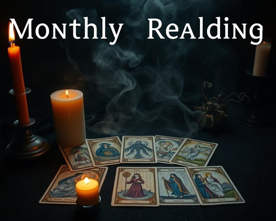 Tarot monthly reading: Detailed tarot card arrangement against a mystic backdrop, featuring the Major Arcana cards arranged in a spread pattern. Warm candlelight illuminates the cards, casting a soft, ethereal glow. In the foreground, the cards are shown with intricate, hand-painted illustrations, each with symbolic imagery. The middle ground depicts a moody, atmospheric setting, with wispy smoke or mist swirling around the cards. The background is shrouded in deep, inky shadows, creating a sense of mystery and the occult. The overall composition conveys a sense of divination, spirituality, and the anticipation of the month ahead.