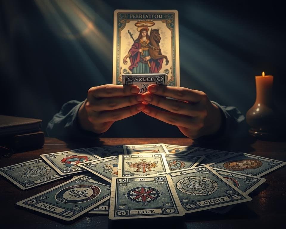 a detailed illustration of career tarot tips, set against a dimly lit, mystical background. In the foreground, a spread of tarot cards lie open, each card featuring arcane symbols and intricate designs. In the middle ground, a tarot reader's hands hold a single card, examining it intently. Behind them, a large tarot card depicting a career-focused archetype, such as The Chariot or The Hierophant, looms in the shadows, casting an ethereal glow. The lighting is moody and atmospheric, with beams of light filtering through the darkness. The overall scene conveys a sense of contemplation, guidance, and the intersection of traditional career planning and the mystical world of tarot. a detailed illustration of career tarot tips, set against a dimly lit, mystical background. In the foreground, a spread of tarot cards lie open, each card featuring arcane symbols and intricate designs. In the middle ground, a tarot reader's hands hold a single card, examining it intently. Behind them, a large tarot card depicting a career-focused archetype, such as The Chariot or The Hierophant, looms in the shadows, casting an ethereal glow. The lighting is moody and atmospheric, with beams of light filtering through the darkness. The overall scene conveys a sense of contemplation, guidance, and the intersection of traditional career planning and the mystical world of tarot.
