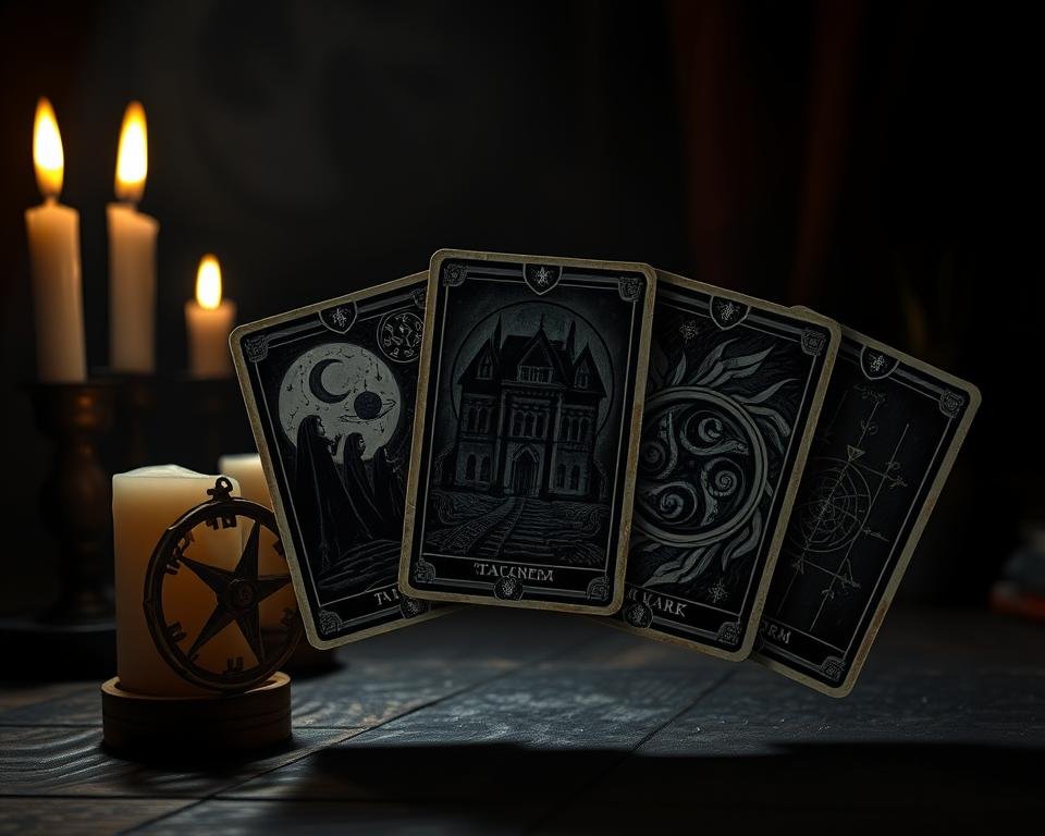 A dark, occult-inspired tarot card deck floats against a shadowy, candlelit backdrop. The cards depict eerie, supernatural motifs - ghostly apparitions, haunted houses, and enigmatic symbols. The cards are arranged in a sinister, ritualistic pattern, casting an ominous glow across the scene. Subtle textures and age-worn details lend an air of antiquity and mystery. Dramatic chiaroscuro lighting accentuates the cards' foreboding themes, while a sense of unease permeates the image. The overall atmosphere evokes the haunting, paranormal world of the game Phasmophobia.