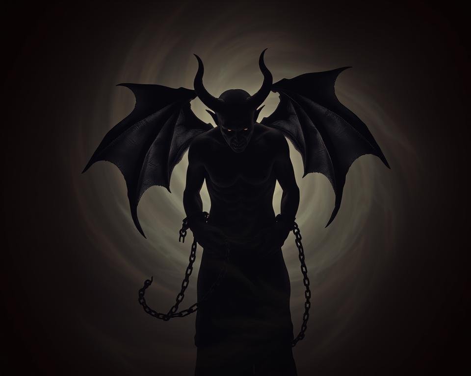 A dimly lit, shadowy figure with horns and bat-like wings, its limbs bound by broken chains, signifying the reversed Devil tarot card's meaning of release from addiction, obsession, and unhealthy attachments. The figure's eyes glow with an intense, unsettling energy, as if struggling to break free from its constraints. The background is a swirling vortex of muted colors, creating a sense of unease and transformation. Dramatic chiaroscuro lighting casts dramatic shadows, emphasizing the sense of internal conflict and the potential for positive change. The overall atmosphere is one of darkness, but also of hope and the possibility of liberation.