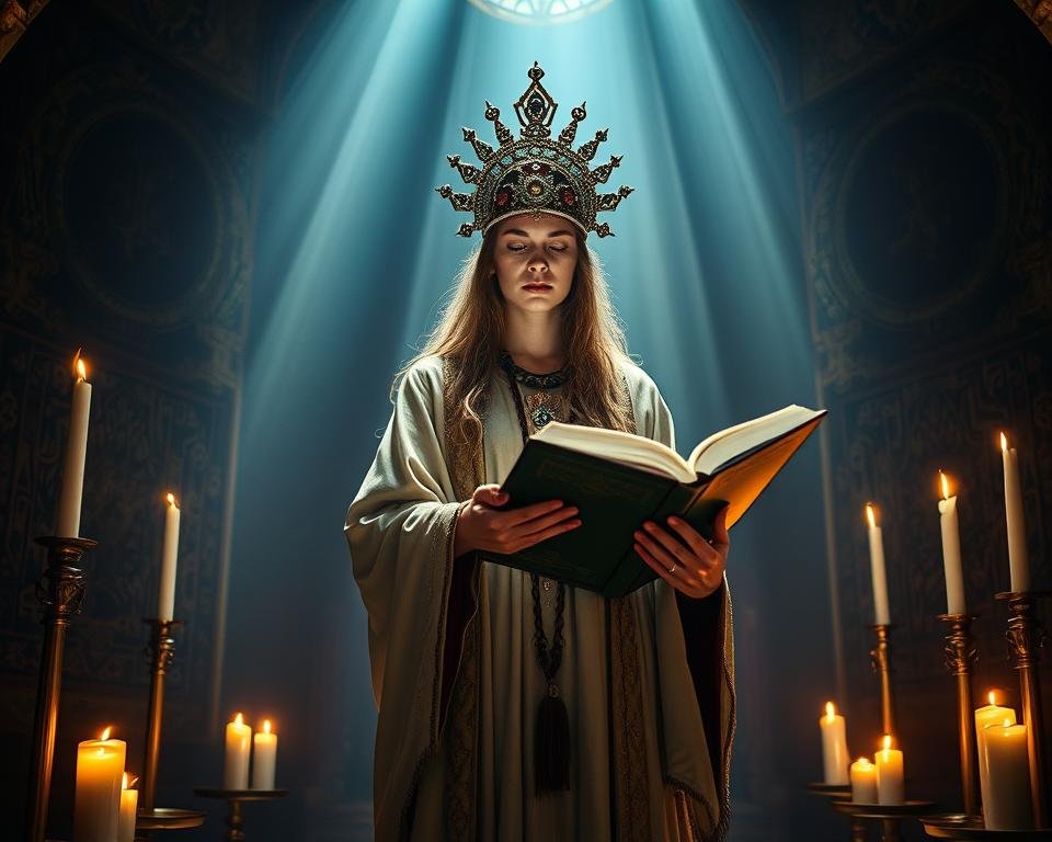 A high priestess stands in a dimly lit sacred chamber, adorned in a flowing robe and a jewel-encrusted headdress. She holds a large open book, her gaze focused inward as she channels mystical energies. The room is bathed in a soft, ethereal light, with tall candles flickering along the edges. Ancient tapestries and symbols adorn the walls, creating an atmosphere of profound wisdom and hidden knowledge. The high priestess exudes an aura of mystery and intuition, inviting the viewer to delve deeper into the realms of the occult and the subconscious.