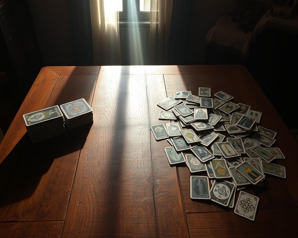 A large oak table, its surface worn with age, serves as the centerpiece. On the left, a stack of tarot cards, their ornate illustrations casting long shadows across the tabletop. On the right, a scattered array of oracle cards, their designs more abstract and mystical. A single beam of light filters through a window, illuminating the cards and creating a sense of intrigue and discovery. The atmosphere is one of contemplation, as if the viewer is about to embark on a journey of divination and self-reflection. Soft, ambient lighting creates a serene, otherworldly ambiance, inviting the viewer to ponder the differences and similarities between these two distinct forms of divination.