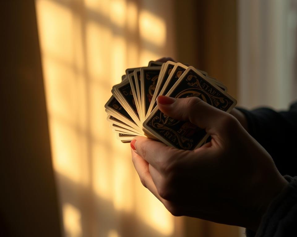A person's hands meticulously shuffling a deck of vintage-style tarot cards against a softly lit, atmospheric background. The cards have intricate, mystical illustrations in a classic style. Warm, natural lighting from the side creates dramatic shadows and highlights the textures of the cards. The hands move with a practiced, almost ritualistic motion, conveying a sense of focus and concentration. The camera angle is close-up, emphasizing the tactile experience of the shuffling. The overall mood is one of mysticism, spirituality, and the anticipation of revealing hidden insights. A person's hands meticulously shuffling a deck of vintage-style tarot cards against a softly lit, atmospheric background. The cards have intricate, mystical illustrations in a classic style. Warm, natural lighting from the side creates dramatic shadows and highlights the textures of the cards. The hands move with a practiced, almost ritualistic motion, conveying a sense of focus and concentration. The camera angle is close-up, emphasizing the tactile experience of the shuffling. The overall mood is one of mysticism, spirituality, and the anticipation of revealing hidden insights.