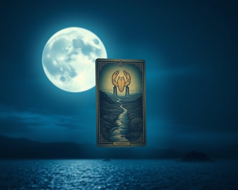 A serene moonlit landscape, with a large, ethereal full moon hovering in the night sky. In the foreground, a mystical tarot card levitates, its intricate imagery glowing with a soft, otherworldly light. The card's symbols - a crustacean, a path leading to a body of water, and two towers in the distance - are captured in vivid detail, hinting at the hidden truths and subconscious realms of the human psyche. The scene is bathed in a cool, bluish hue, creating a sense of mystery and the unknown. The composition is balanced, with the card's placement drawing the viewer's attention to the center of the frame. The overall atmosphere evokes a sense of introspection and the exploration of the deeper, more elusive aspects of the human experience.