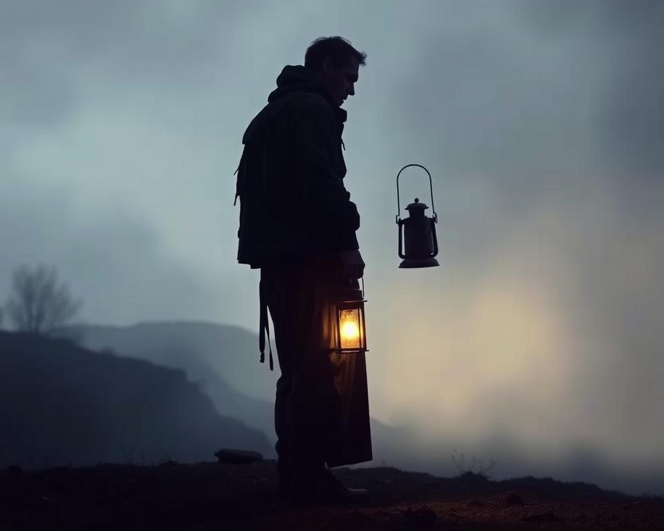 A solitary figure, the Hermit, stands in a dimly lit, desolate landscape. The once warm glow of the lantern he carries has faded, casting a somber, introspective mood. The Hermit's shoulders are hunched, his gaze averted, symbolizing withdrawal, isolation, and a lack of direction. The background is a hazy, monochromatic expanse, emphasizing the Hermit's detachment from the world. Muted tones of gray, blue, and purple dominate the scene, creating a sense of melancholy and stagnation. The Hermit's reversed placement suggests a need to reengage with the external world, to seek guidance and wisdom from others, and to reignite the inner spark that has been extinguished.