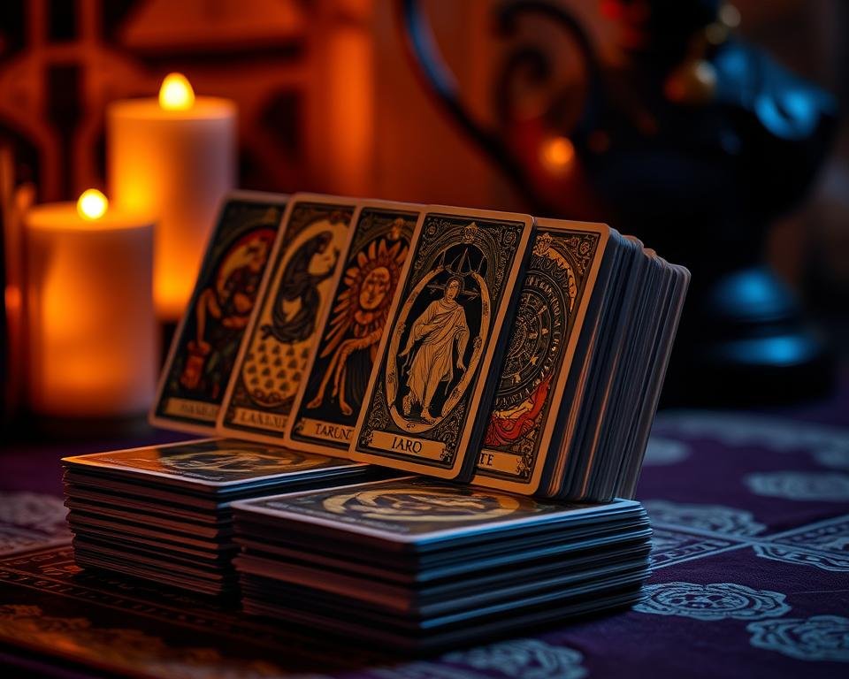 A stack of tarot cards arranged in a visually striking display, with the cards upright and positioned to reveal their intricate, mystical designs. The cards are illuminated by warm, ambient lighting, casting soft shadows and highlights that accentuate their symbolism. The scene is captured from a slightly elevated angle, creating a sense of depth and drawing the viewer's eye towards the cards' captivating imagery. The overall atmosphere is one of tranquility, wisdom, and the promise of deeper insights, reflecting the upright meanings of the tarot cards.