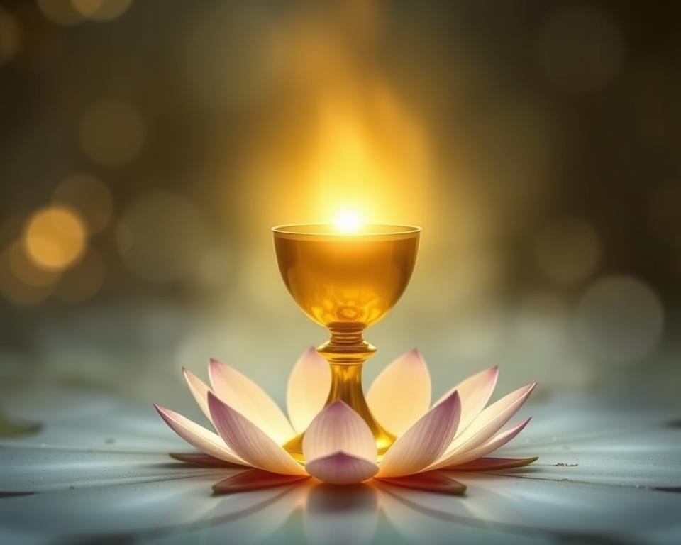 A tranquil, ethereal depiction of the Ace of Cups tarot card in an upright position. Set against a serene, dreamlike backdrop, a glowing golden chalice emerges from the center, radiating an aura of divine blessings and emotional fulfillment. Delicate petals of a water lily encircle the cup, symbolizing the purity and fertility of new love and spiritual awakening. Soft, diffused lighting casts a warm, inviting glow, while the composition is balanced and harmonious, conveying a sense of hope, renewal, and the promise of emotional fulfillment.