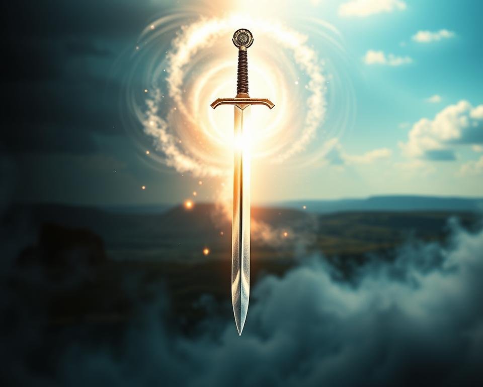 A visually striking, photorealistic depiction of the Ace of Swords tarot card. In the foreground, a shimmering, razor-sharp sword floats against a luminous, ethereal backdrop, its blade cutting through the air with precision and clarity. The middle ground features a swirling, energetic vortex of light and shadow, hinting at the transformative power of this arcane symbol. In the distant background, a serene, contemplative landscape unfolds, suggesting the grounded, practical applications of the Ace of Swords' energy. The lighting is dramatic, with deep contrasts and a sense of charged, electric atmosphere. The overall mood is one of intellectual awakening, decisive action, and the pursuit of truth.