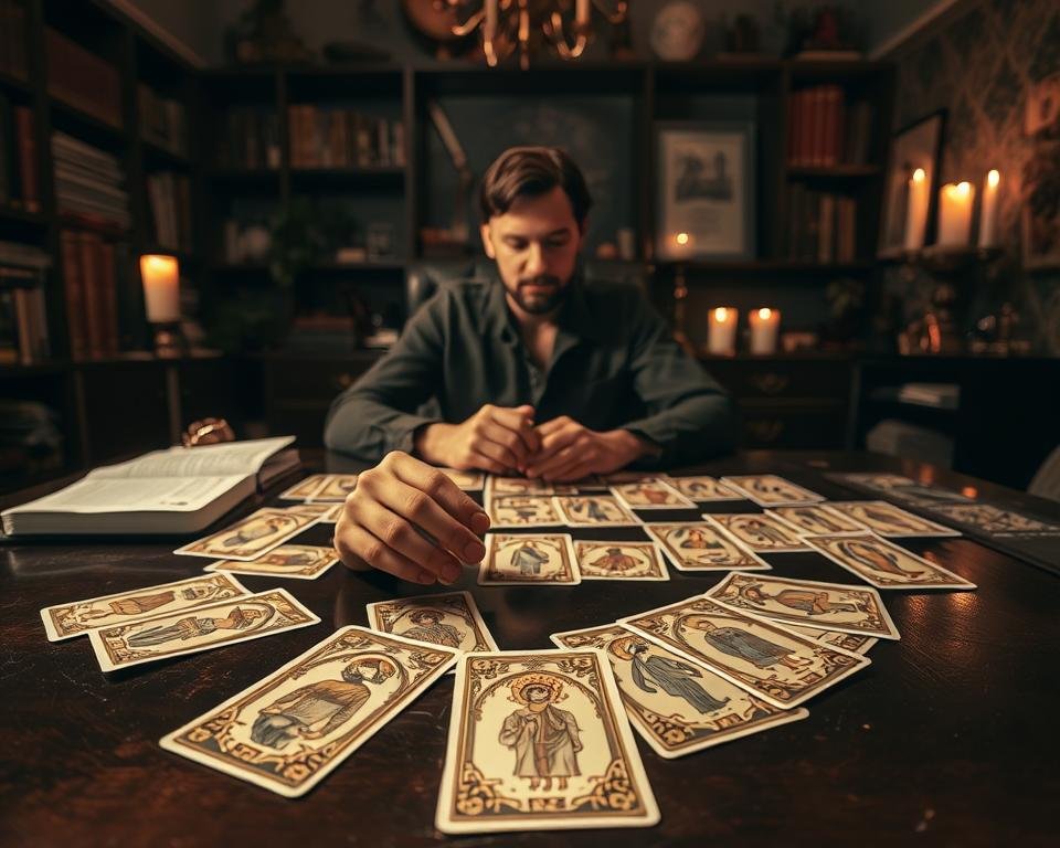 A warm and inviting tarot card reading scene. In the foreground, a tarot card reader's hands meticulously arranging a spread of ornate tarot cards on a dark, polished wooden table. Soft, diffused lighting from above casts a gentle glow, creating an air of mysticism and introspection. In the middle ground, the reader sits calmly, their face in deep contemplation as they interpret the cards. The background is a cozy, dimly lit room, adorned with bookshelves, candles, and other esoteric accoutrements, evoking a sense of wisdom and spirituality. The overall atmosphere is one of tranquility, insight, and the promise of accurate and reliable divination.