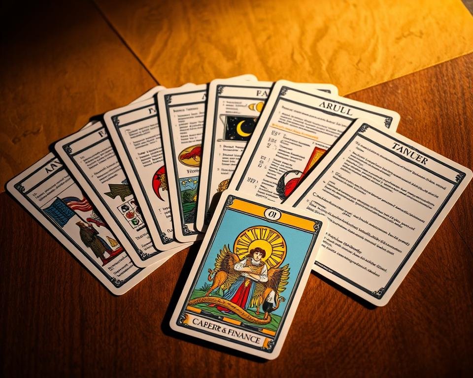 Detailed tarot card meanings list displayed on a wooden table, illuminated by warm, soft lighting. The cards are arranged in a fan shape, their vibrant illustrations and symbols casting intricate shadows. In the foreground, a single card representing "Career & Finance" is prominently featured, its imagery conveying themes of prosperity, stability, and strategic planning. The background features a subtle, textured parchment-like surface, adding depth and an air of ancient wisdom. The composition is balanced, with a sense of mysticism and professionalism, reflecting the informative yet insightful nature of the content.