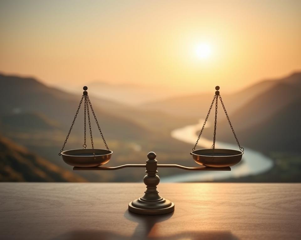 Prompt A serene and harmonious scene depicting "Balance in Finance". In the foreground, a pair of delicately balanced scales symbolize the equilibrium between income and expenses. The middle ground features a tranquil landscape with rolling hills and a winding river, representing the flow of financial resources. In the background, a radiant sun casts a warm, golden glow, illuminating the entire composition. The overall atmosphere conveys a sense of tranquility, stability, and a thoughtful approach to managing personal or professional finances. Soft, diffused lighting and a muted color palette contribute to the soothing, contemplative mood.